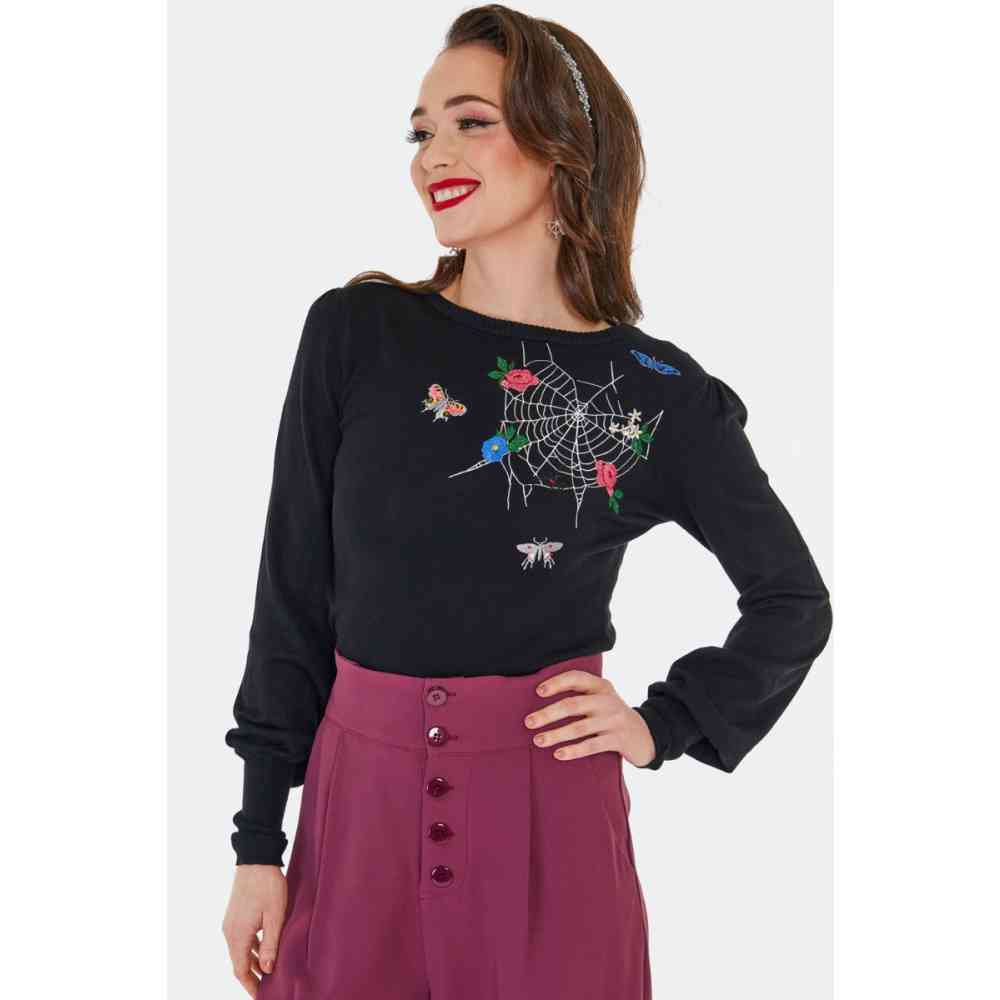 Voodoo Vixen - Floral Moth Web Embroidered Sweater/trui - Zwart